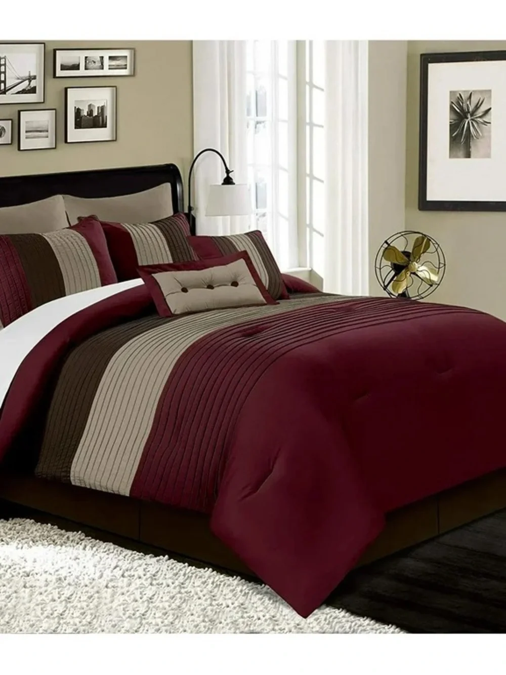 Plush Burgundy and Taupe Striped Queen 3 piece Comforter Set